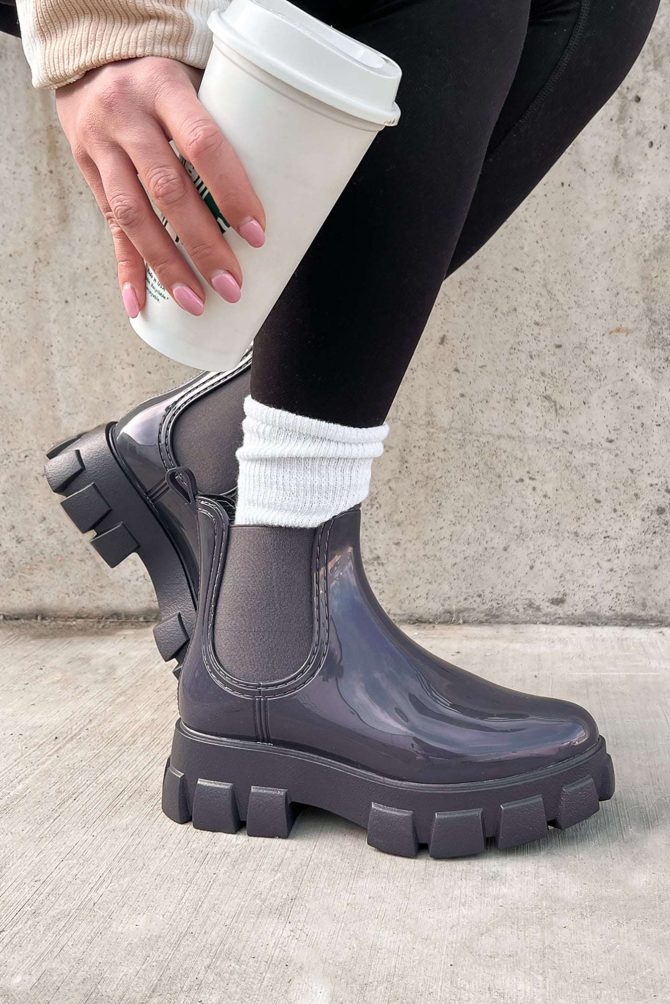 Doorbuster Walking In The Rain Lug Sole Chelsea Rain Boots (Grey Paten ?? NanaMacs - Image 2