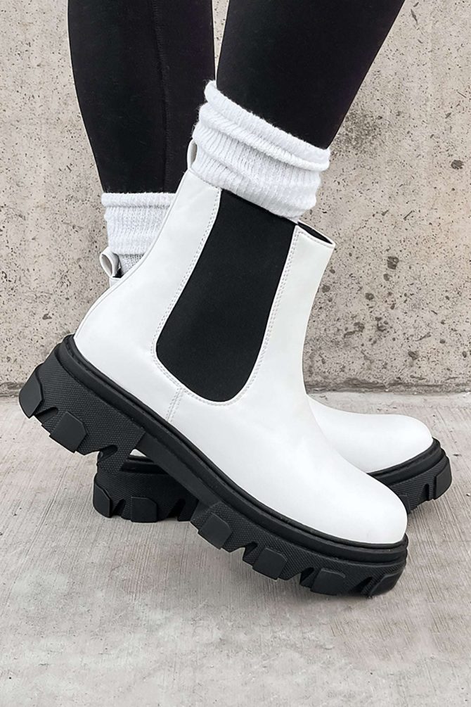 Tia Contrast Knit Lug Sole Chelsea Boots (White Pu) ?? NanaMacs - Image 4