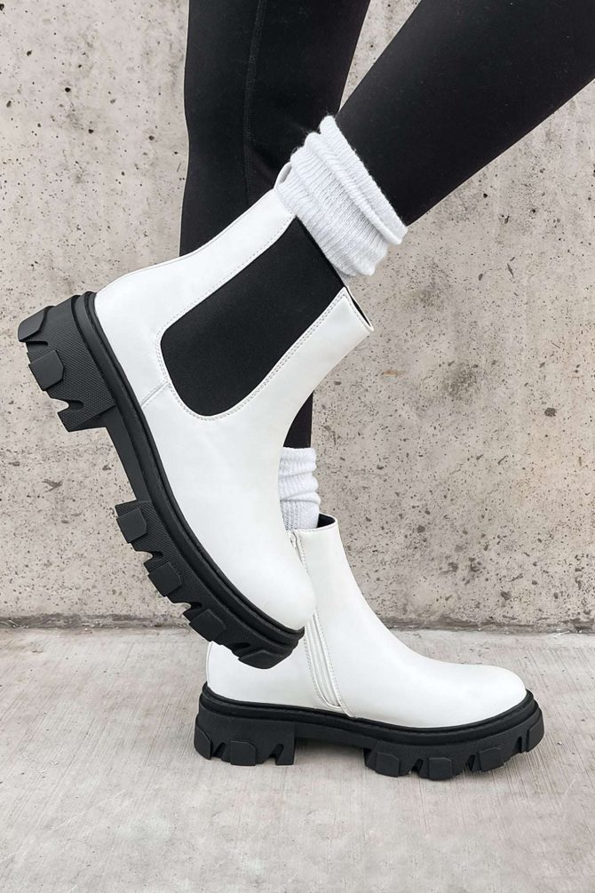 Tia Contrast Knit Lug Sole Chelsea Boots (White Pu) ?? NanaMacs - Image 2