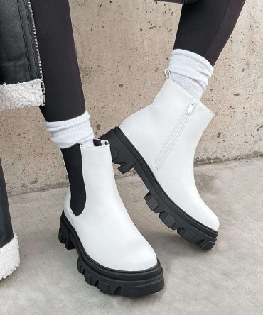 Tia Contrast Knit Lug Sole Chelsea Boots (White Pu) ?? NanaMacs